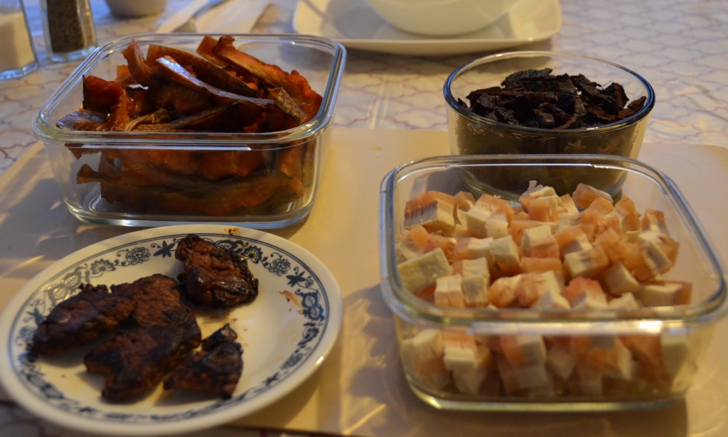 Clockwise from top left: Smoked white fish, smoked whale, whale blubber, pan fried muskox
